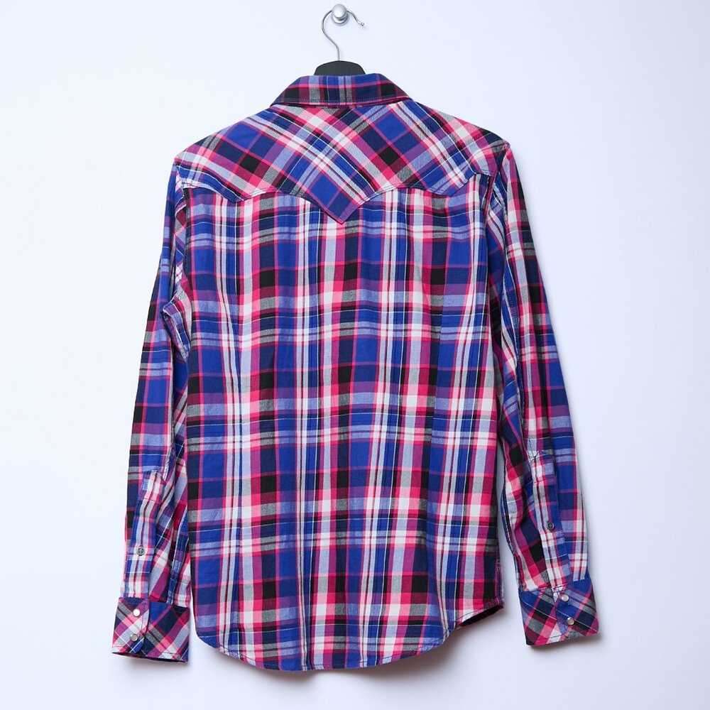Diesel Plaid Pearl Snaps Long Sleeve Shirt Western Cowboy Men's Medium Pink Blue - Picture 2 of 8